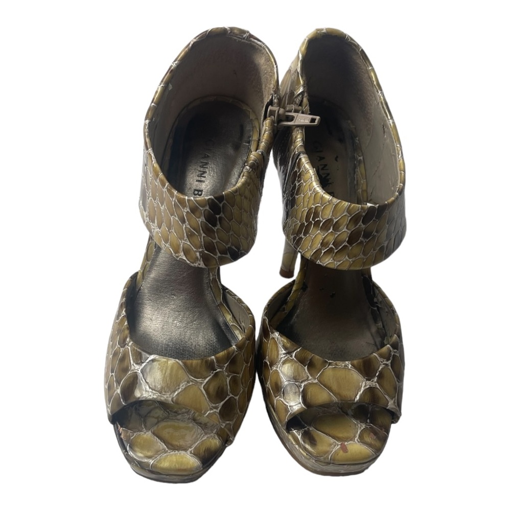 GIANNI BINI heels 6M, side zipper peep toe bronze/cream python print pattern - Picture 3 of 10